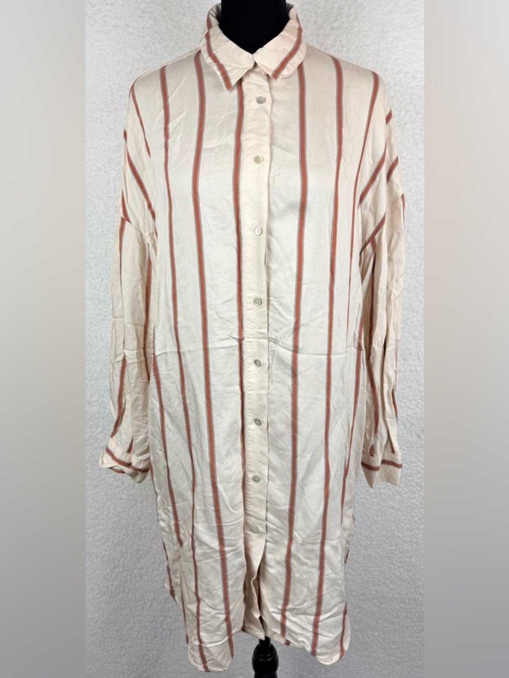 ZARA • Cream/Rust Striped Long Sleeve Button-Down Mini Shirt Dress, S - Picture 13 of 13